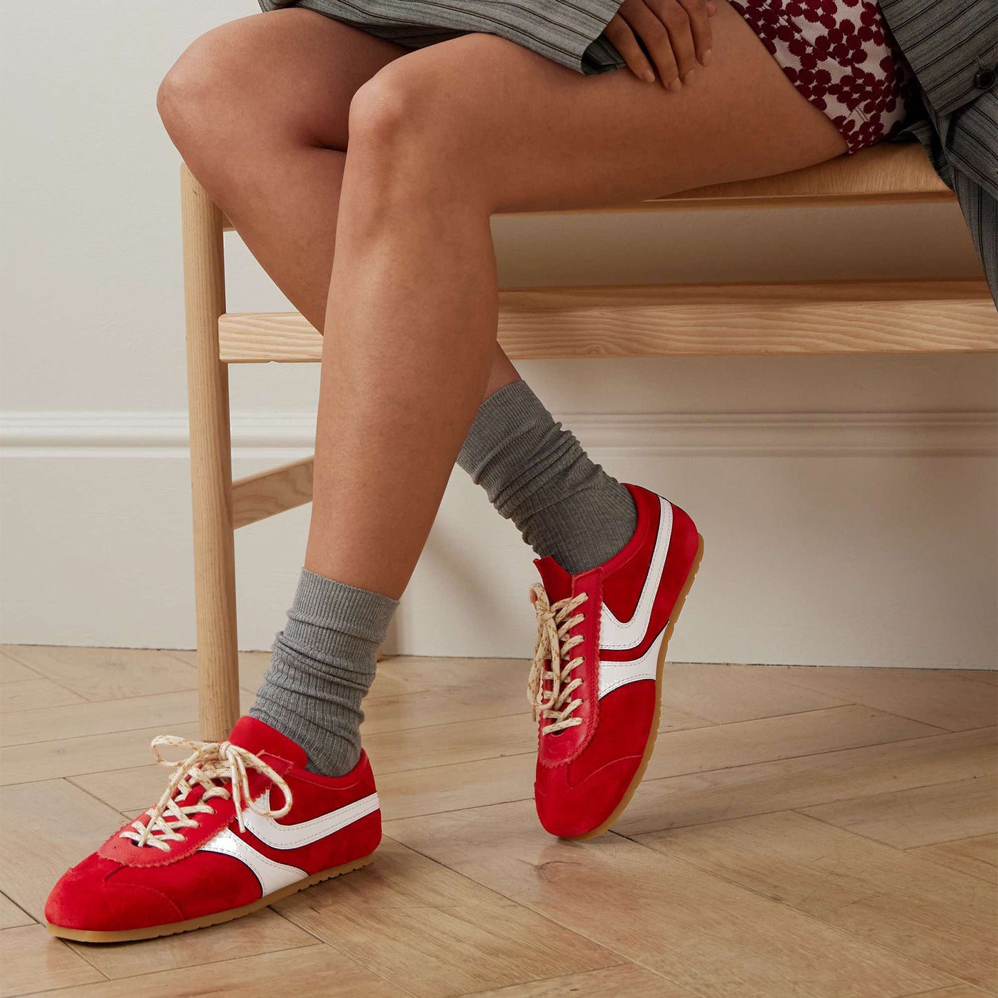 Shiny Red Contrast Faux Suede And Vegan Leather Square-Toe Lace-Up Sneakers Flats