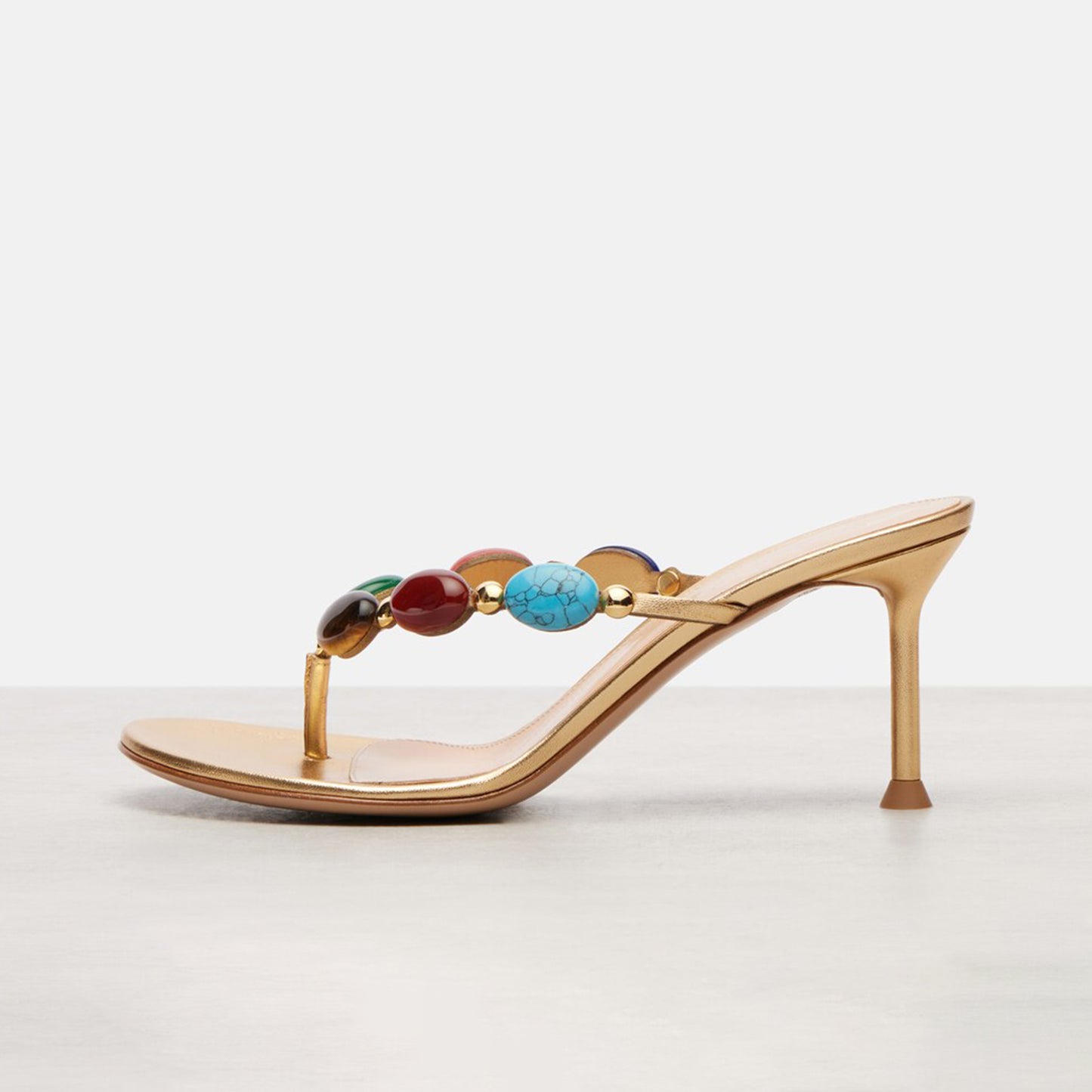 Metallic Gold Square-Toe Multicolored Cabochon Stones Herringbone High Heels