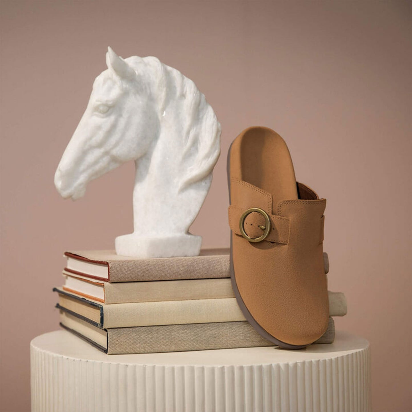 Caramel Cow Suede Square-Toe Backless Chic Mules Flats