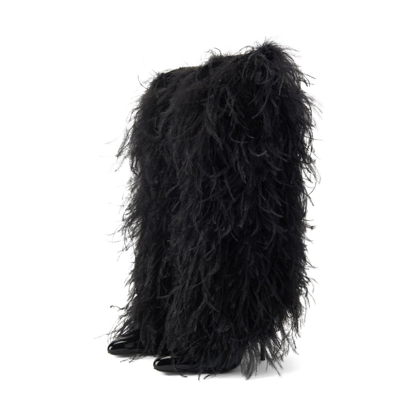 Patent Black Pointed-Toe Full Feather Wide Calf Knee High Stiletto Boots