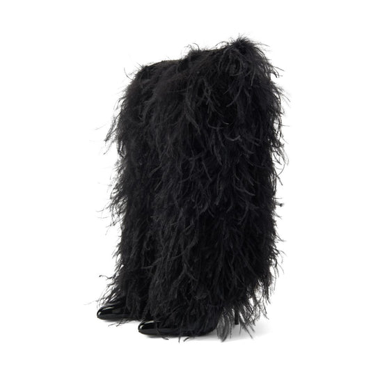 Patent Black Pointed-Toe Full Feather Wide Calf Knee High Stiletto Boots