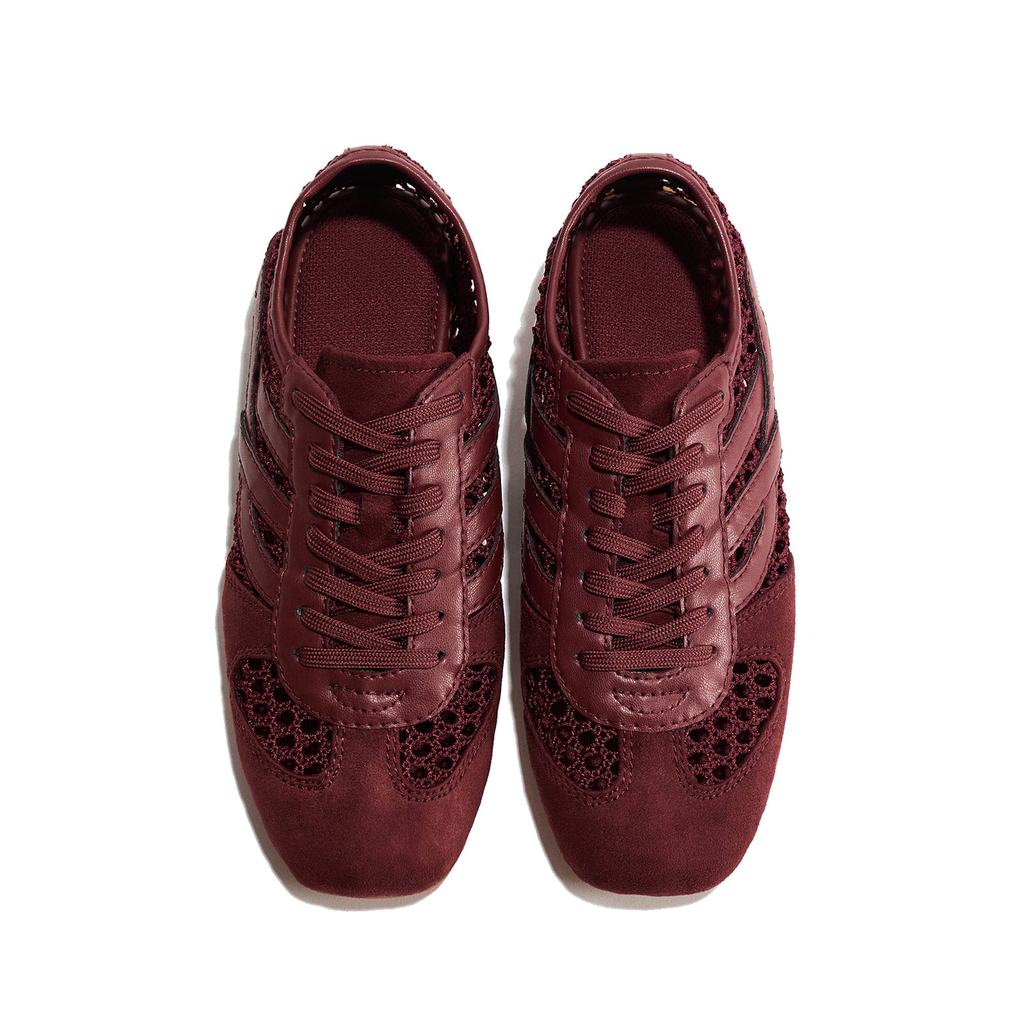 Burgundy Cow Suede And Mesh Square-Toe Lace-Up Classic Flats Sneakers
