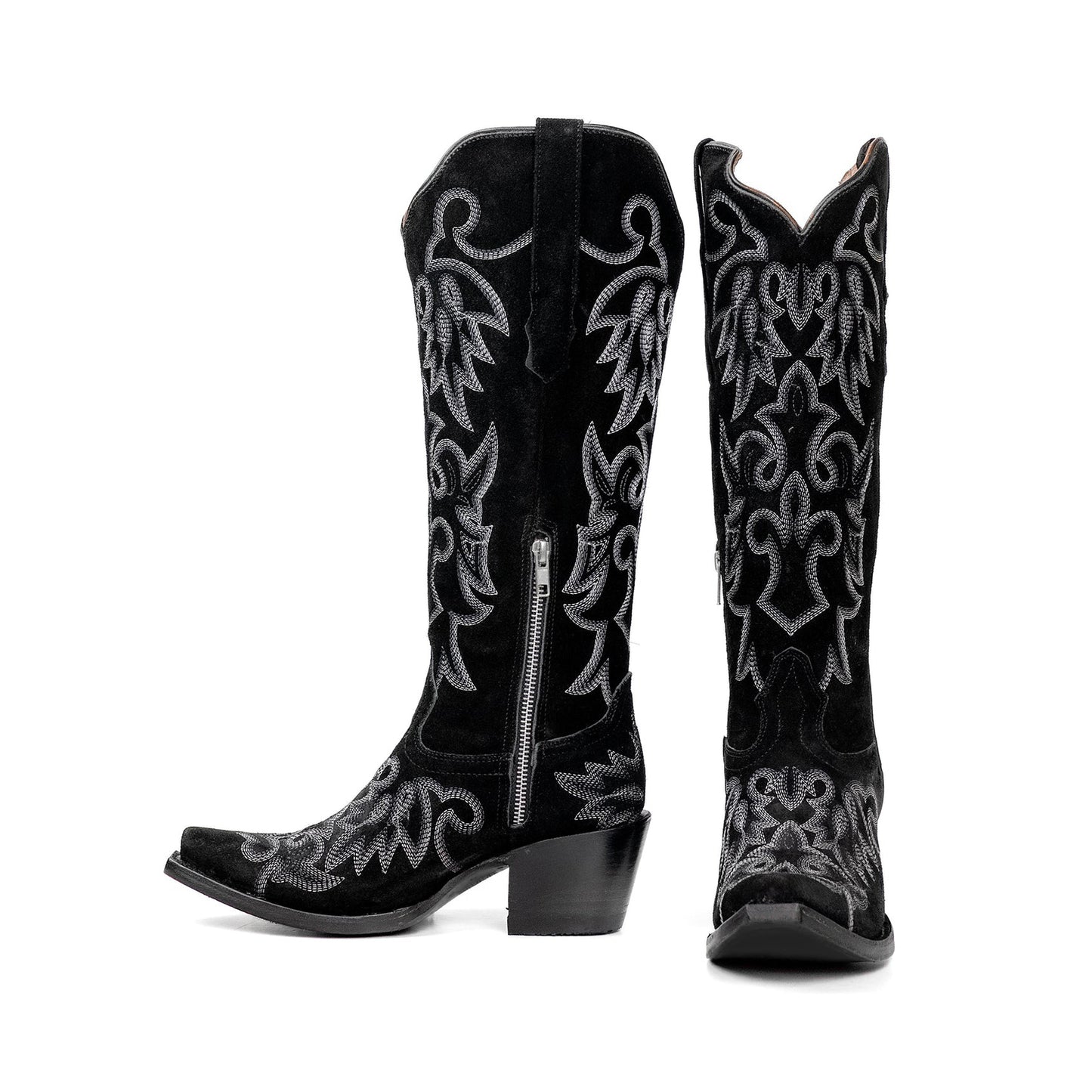 Black Faux Suede Snip-Toe Refined Embroidery Half-Zip Knee High Cowgirl Boots