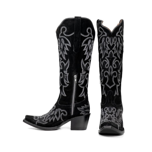 Black Faux Suede Snip-Toe Refined Embroidery Half-Zip Knee High Cowgirl Boots