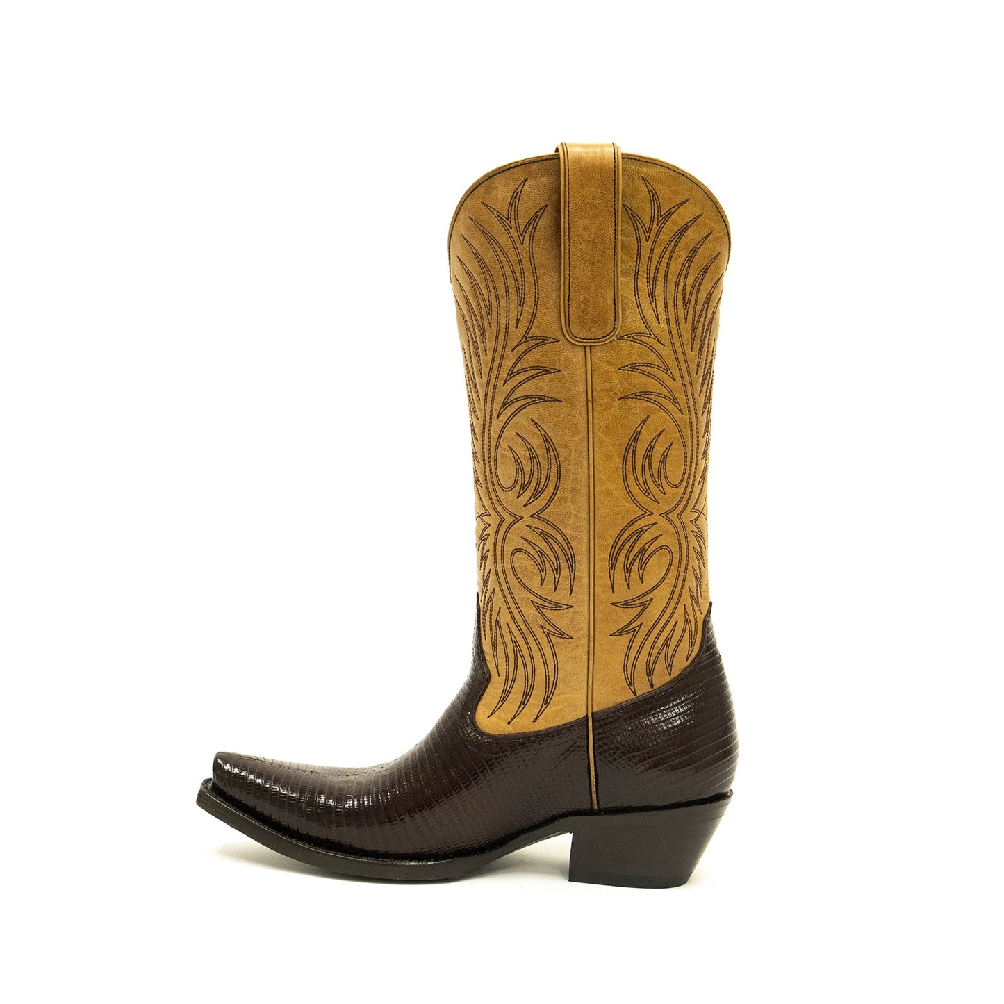 Contrast Tan And Chocolate Lizard Print Snip-Toe Embroidery Mid Calf Cowgirl Boots