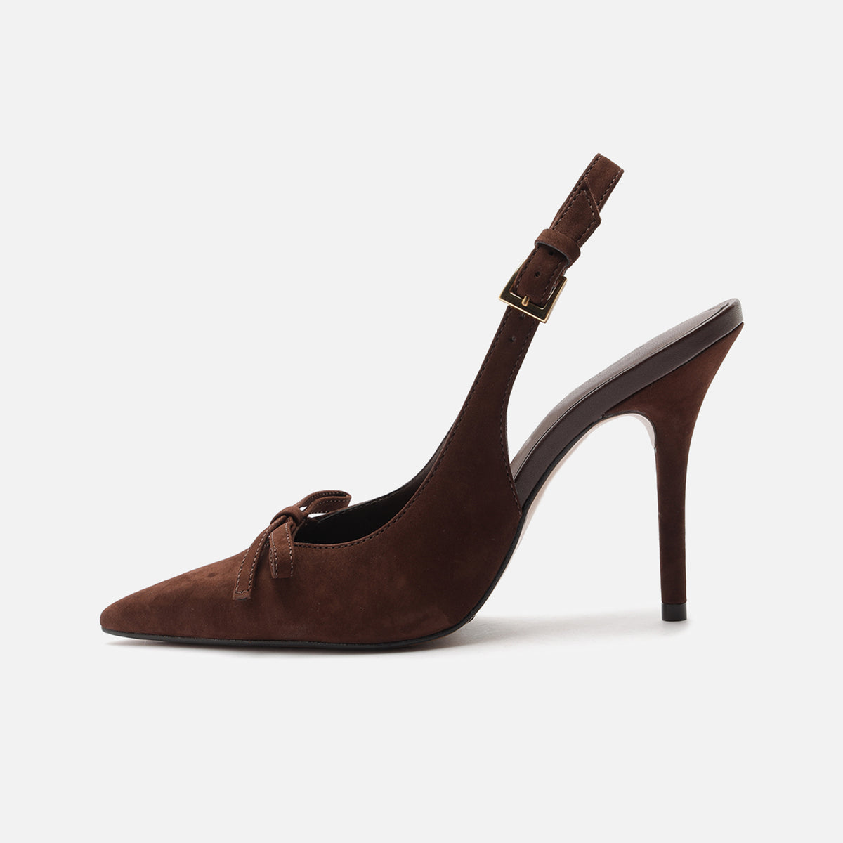 Coffee Faux Suede Pointed-Toe Front Bow Buckle Slingback High Heels