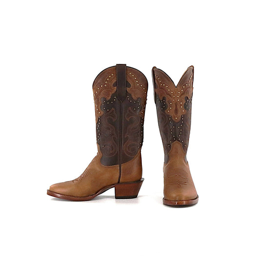 Contrast Brown And Chocolate Round-Toe Embroidery Studded Mid Calf Cowgirl Boots
