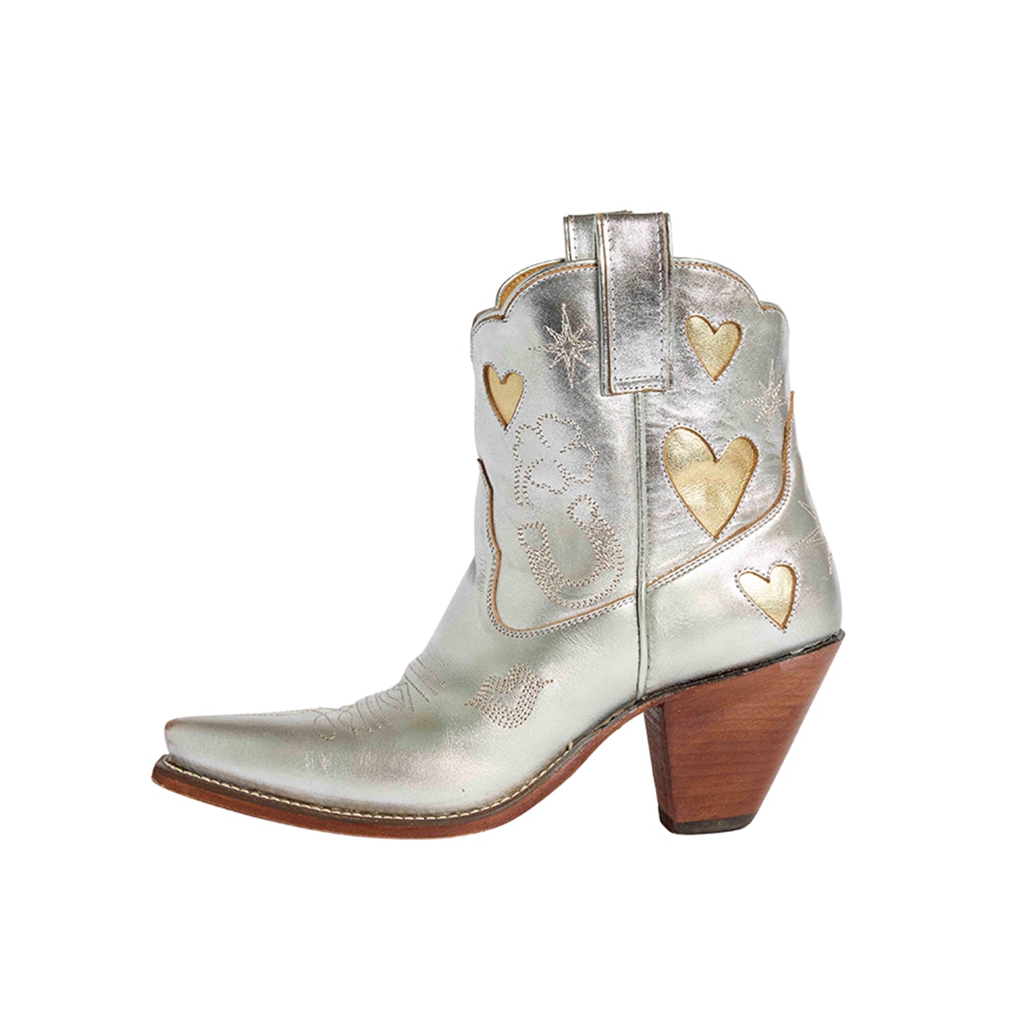 Metallic Silver Snip-Toe Embroidery Metallic Gold Heart Inlay Ankle Cowgirl Boots