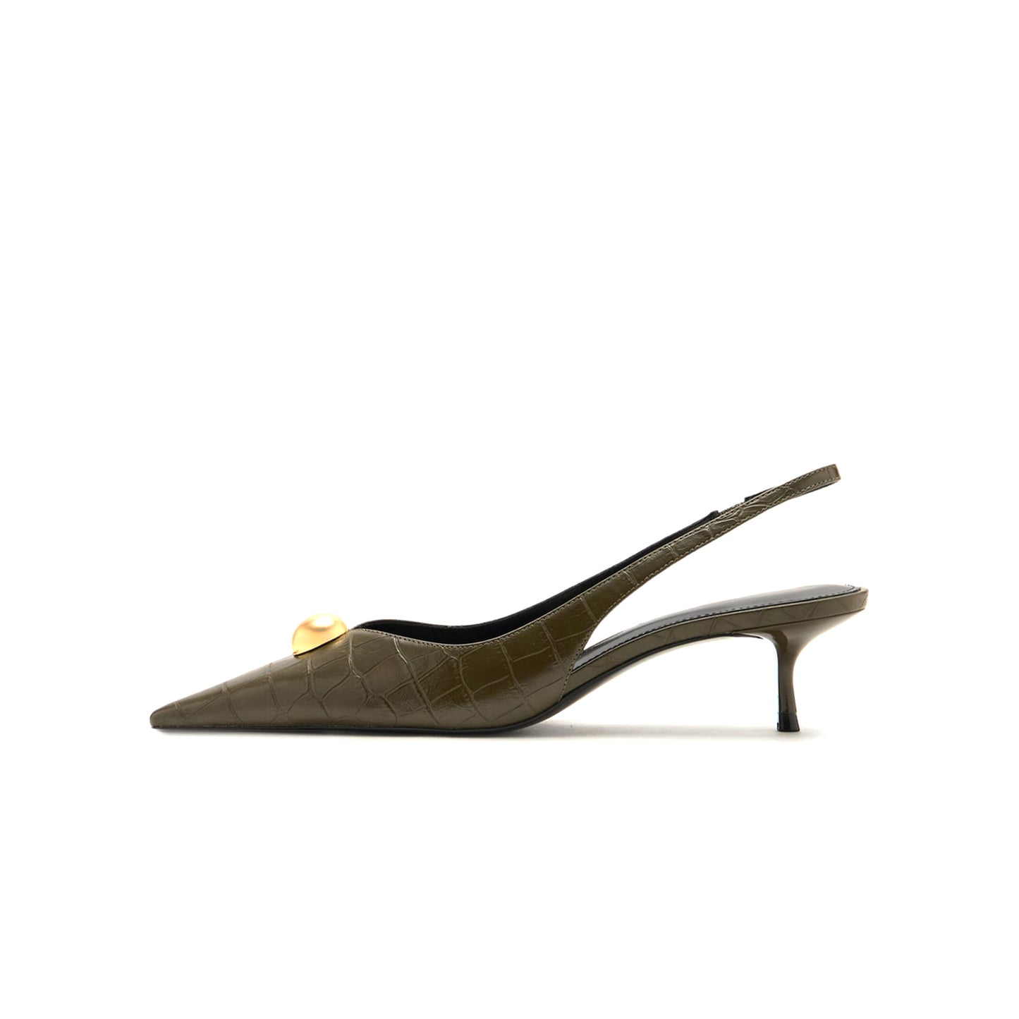 Khaki Bamboo Pattern Pointed-Toe Front Gold Metal And Slingback Kitten Heels