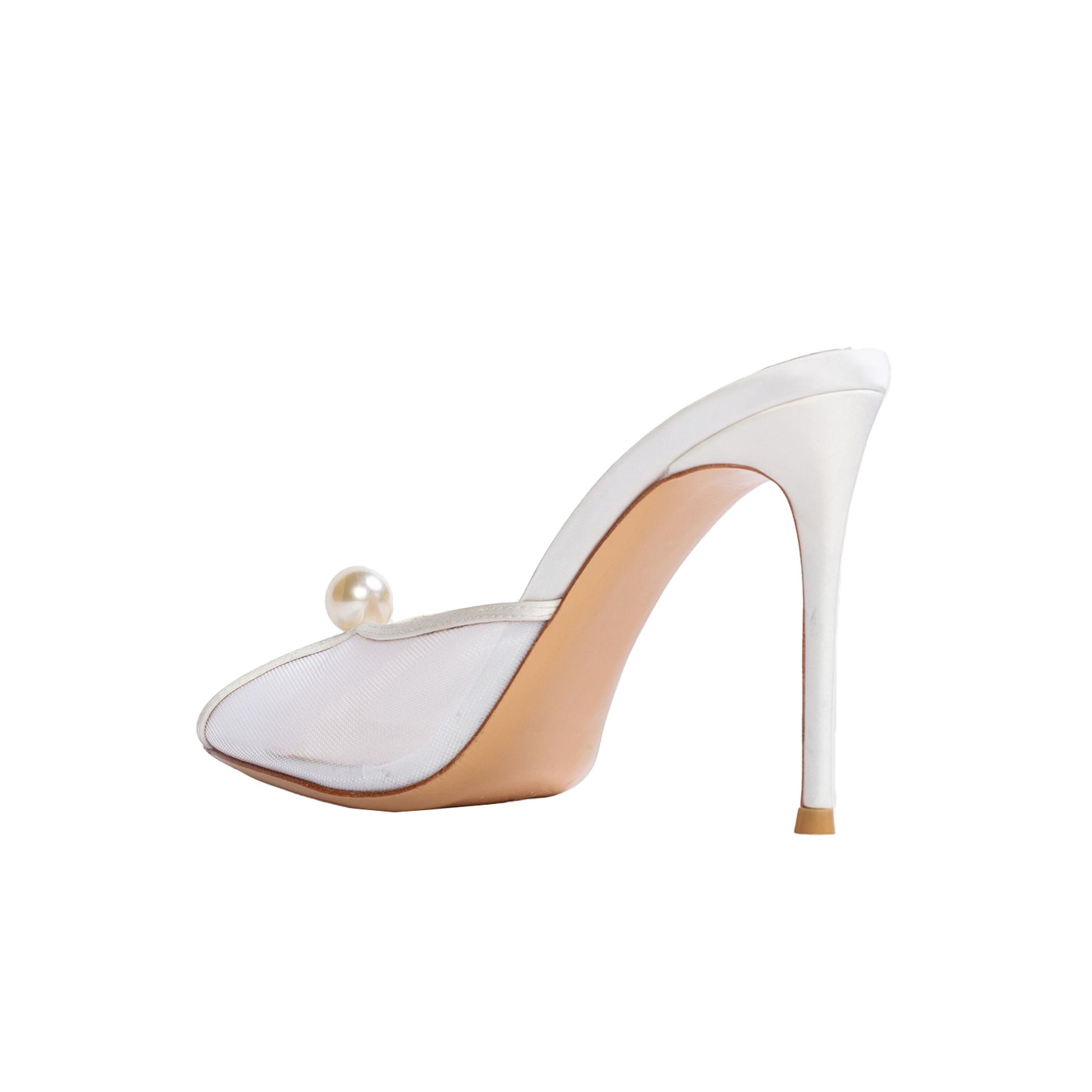 White Mesh Satin Round-Toe Front Pearl Backless High Heels