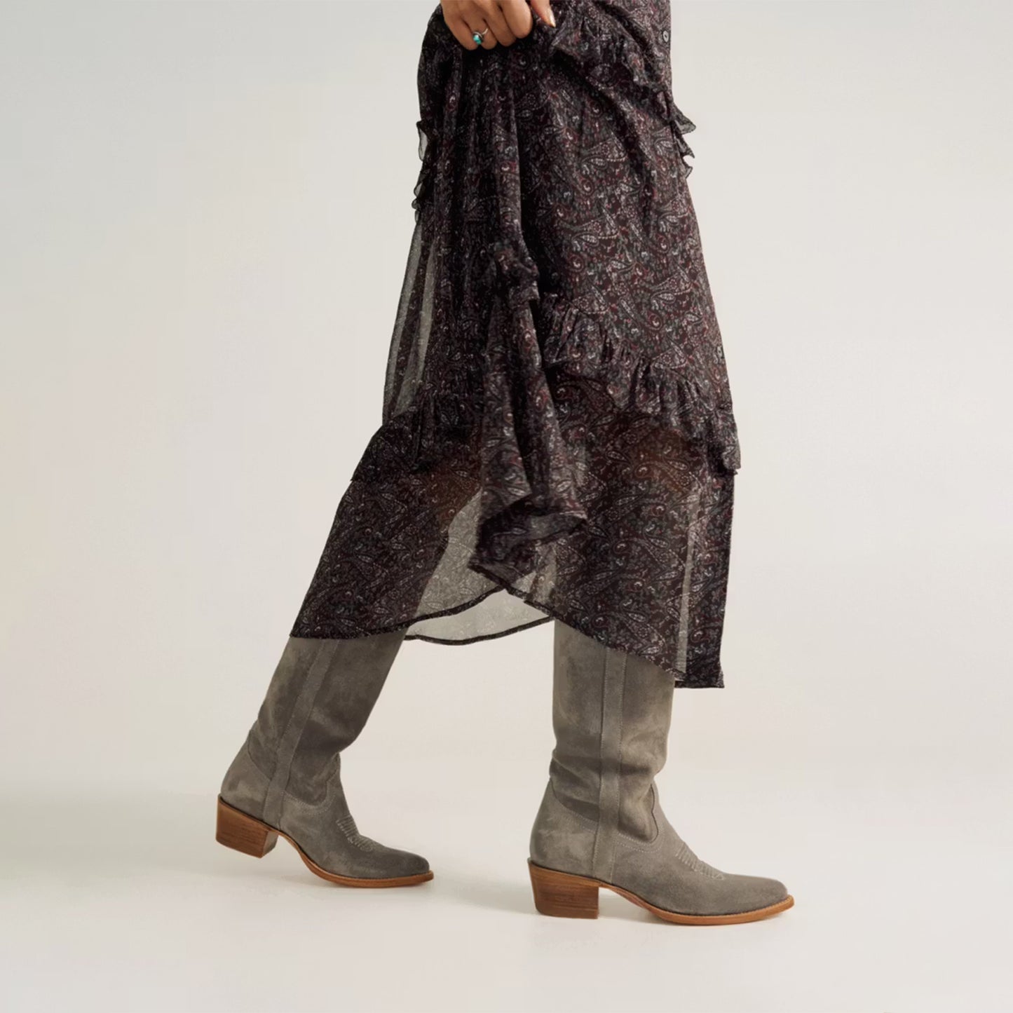 Charcoal Faux Suede Almond-Toe Embroidery Wide Calf Knee High Cowgirl Boots