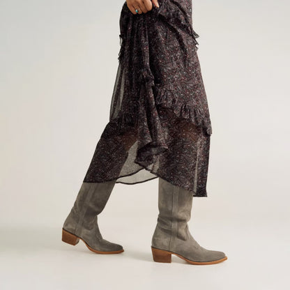 Charcoal Faux Suede Almond-Toe Embroidery Wide Calf Knee High Cowgirl Boots