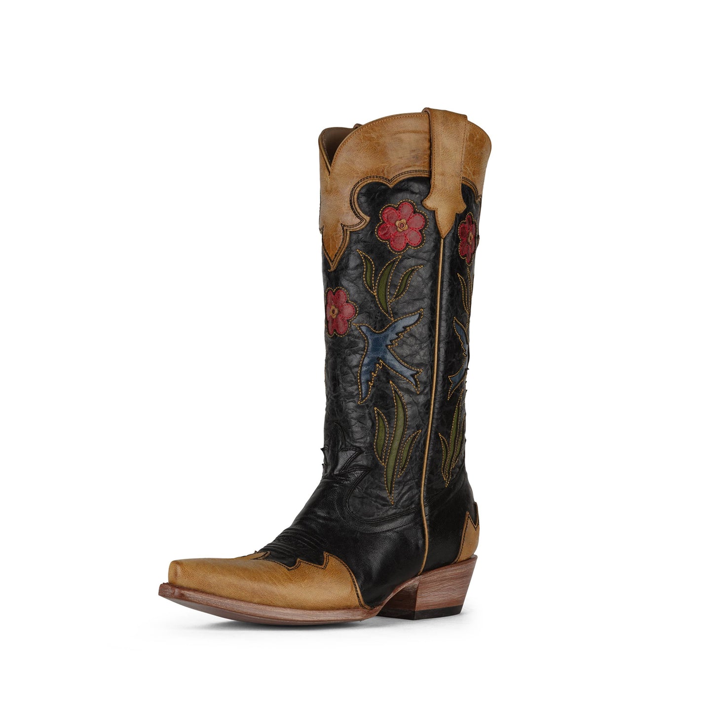 Contrast Black And Brown Snip-Toe Birds Flowers Inlays Mid Calf Cowgirl Boots