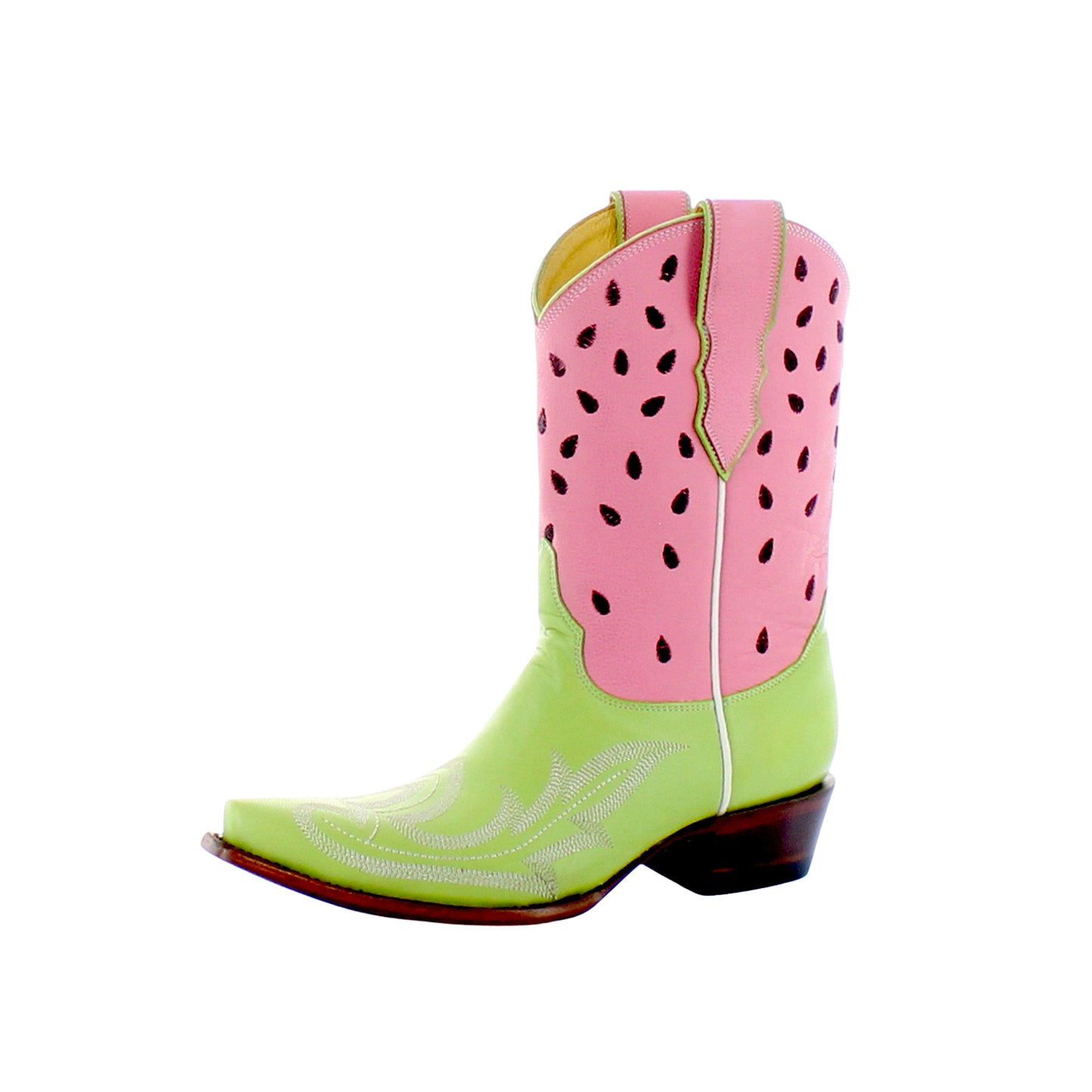 Contrast Pink And Green Snip-Toe Embroidery Watermelon Detail Mid Calf Cowgirl Boots