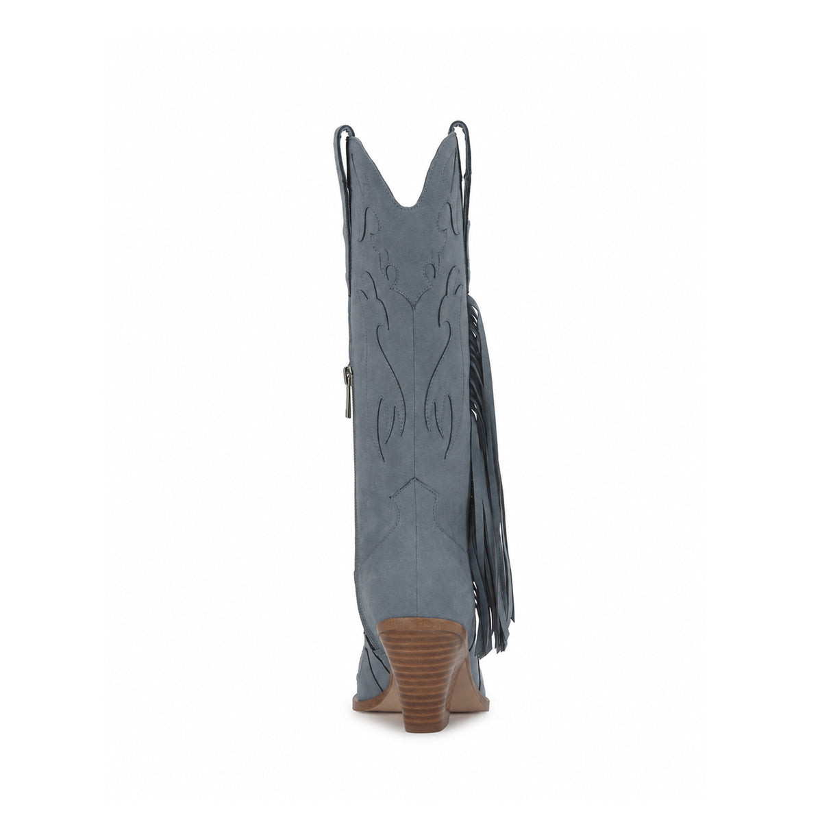 Dark Blue Faux Suede Almond-Toe Applique And Side Fringe Half-Zip Knee High Cowgirl Boots