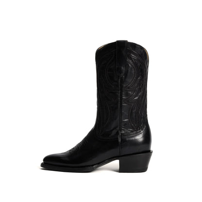 Black Almond-Toe Embroidery Classic Mid Calf Cowgirl Boots