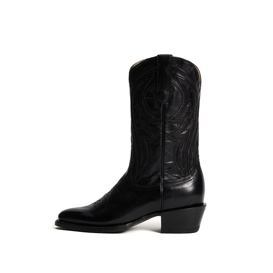 Black Almond-Toe Embroidery Classic Mid Calf Cowgirl Boots