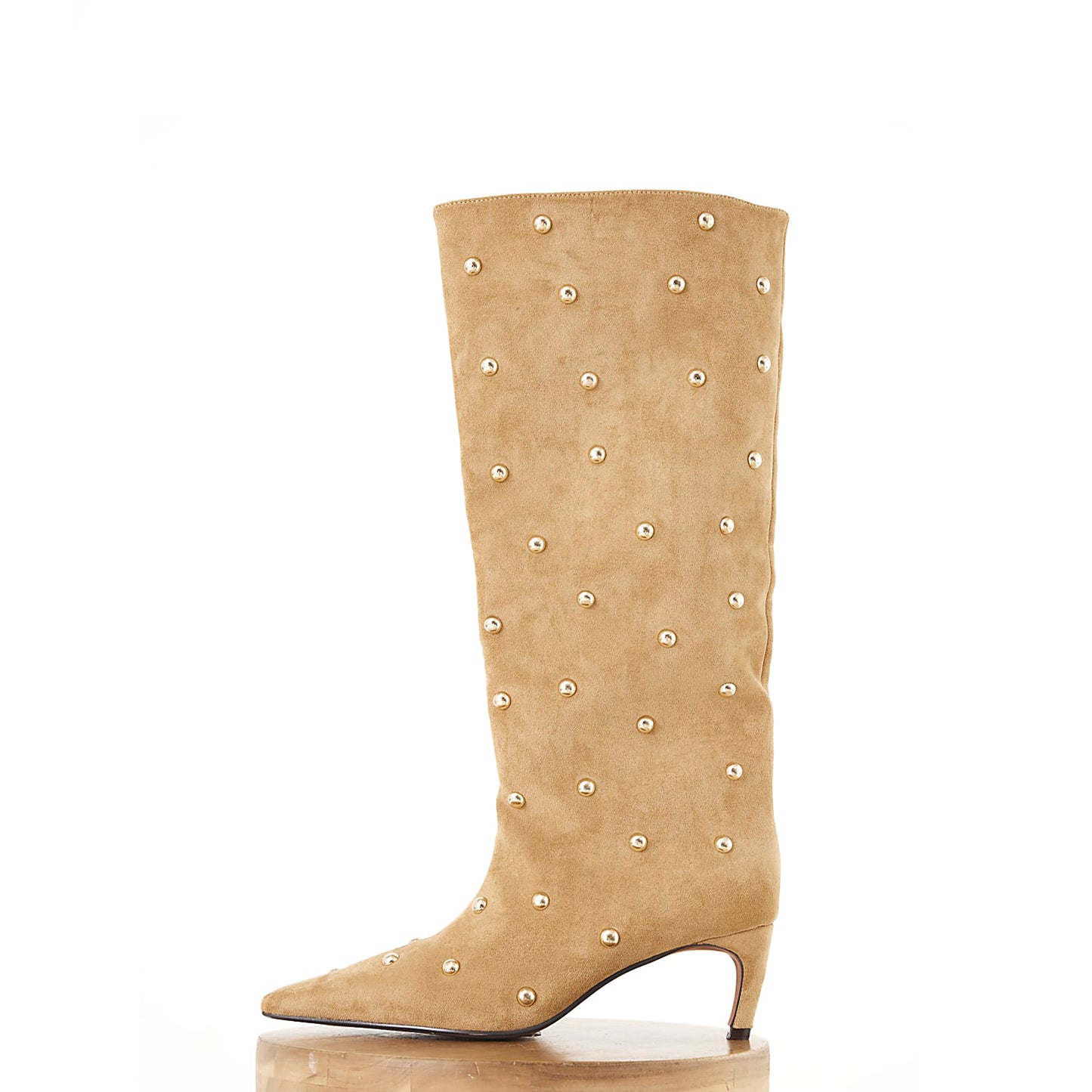 Beige Faux Suede Pointed-Toe Studded Wide Calf Knee High Stiletto Boots