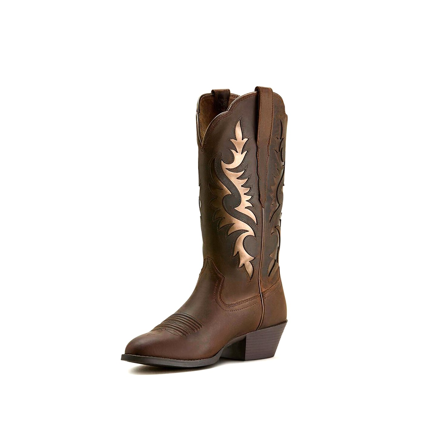 Brown Almond-Toe Metallic Bronze Inlay Mid Calf Cowgirl Boots
