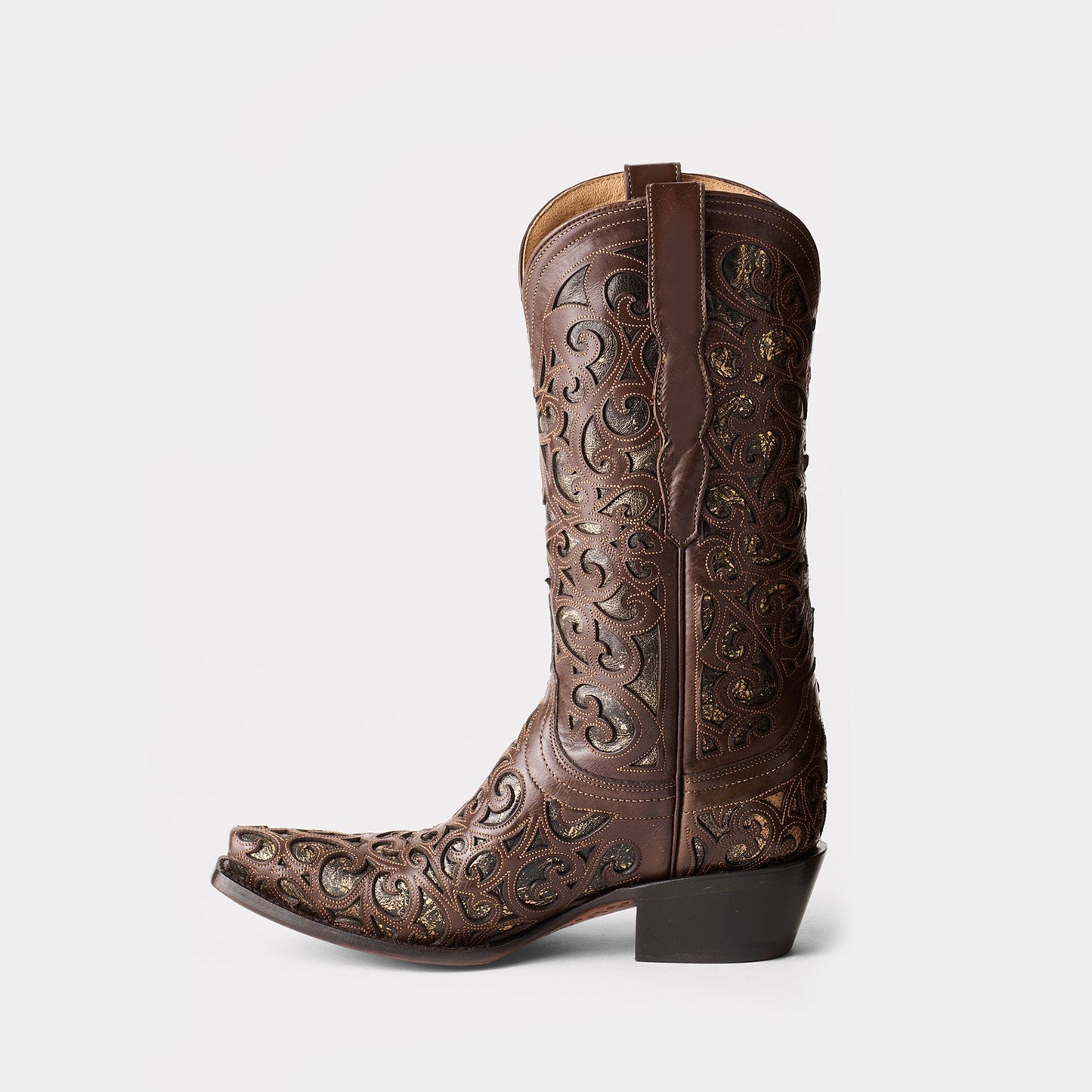 Coffee Snip-Toe Metallic Silver Inlays Chic Mid Calf Cowgirl Boots