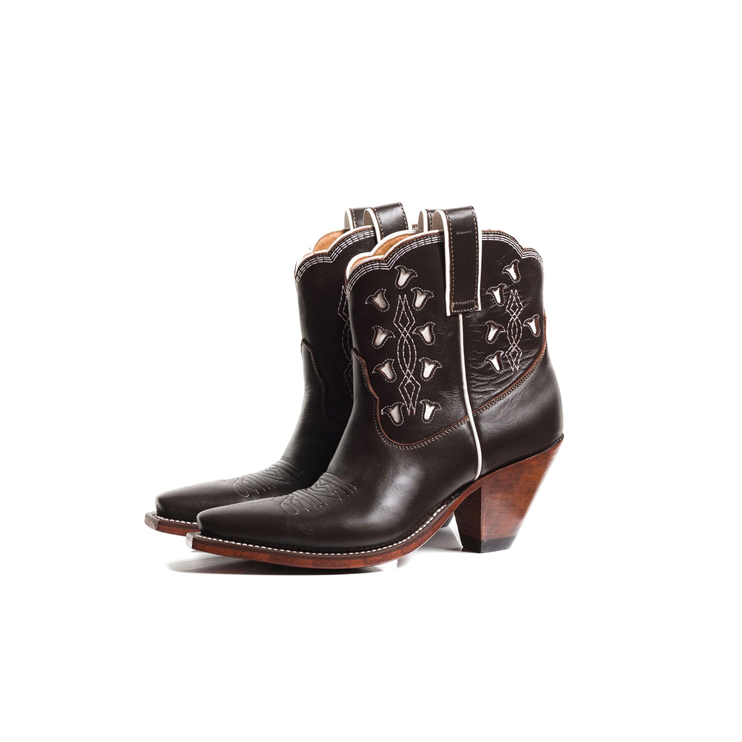 Chocolate Snip-Toe Tulip Inlay Embroidery Ankle Cowgirl Boots