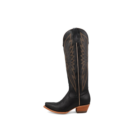 Black Snip-Toe Copper Embroidery Half-Zip Knee High Cowgirl Boots