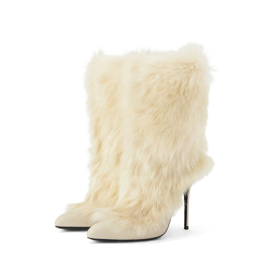 Cream Pointed-Toe Full Plush Mid Calf Stiletto Boots