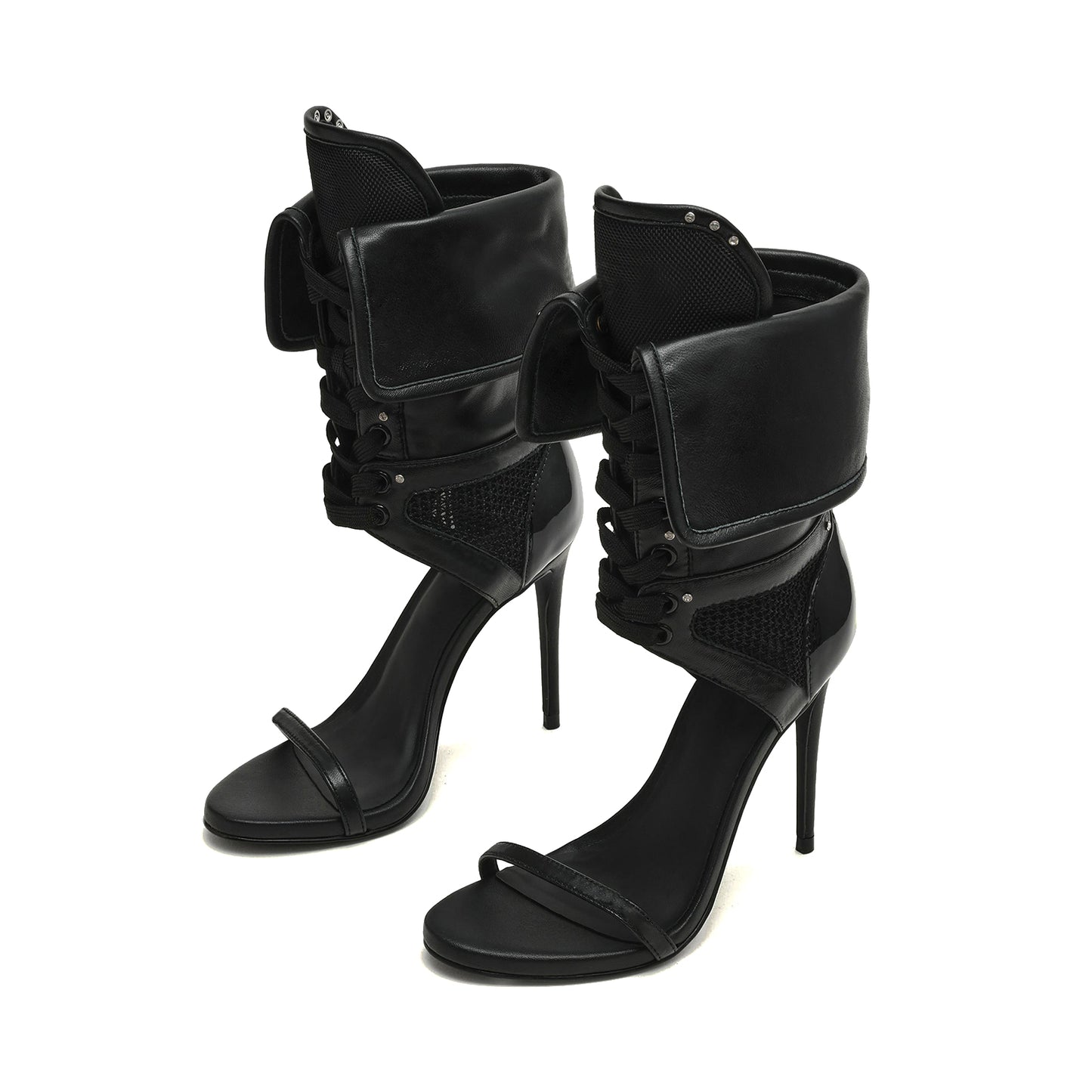 Black Open Round-Toe Mesh And Lace-Up Shaft Back Patent Design Stiletto High Heels