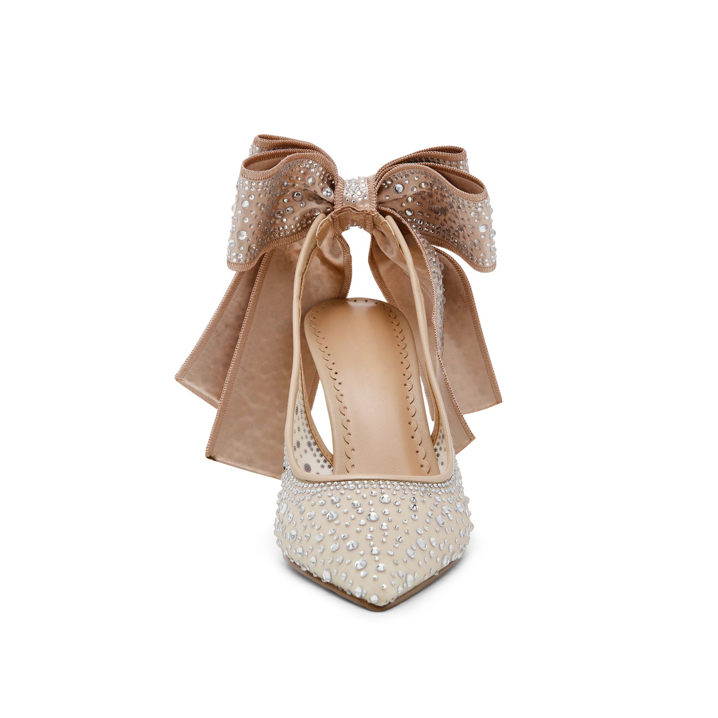 Champagne Mesh Pointed-Toe Crystals Slip-On High Heels Pumps With Big Back Bow