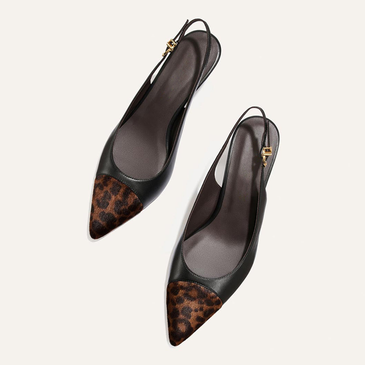 Black And Leopard Pattern Pointed-Toe Chic Back Strap Kitten Heels