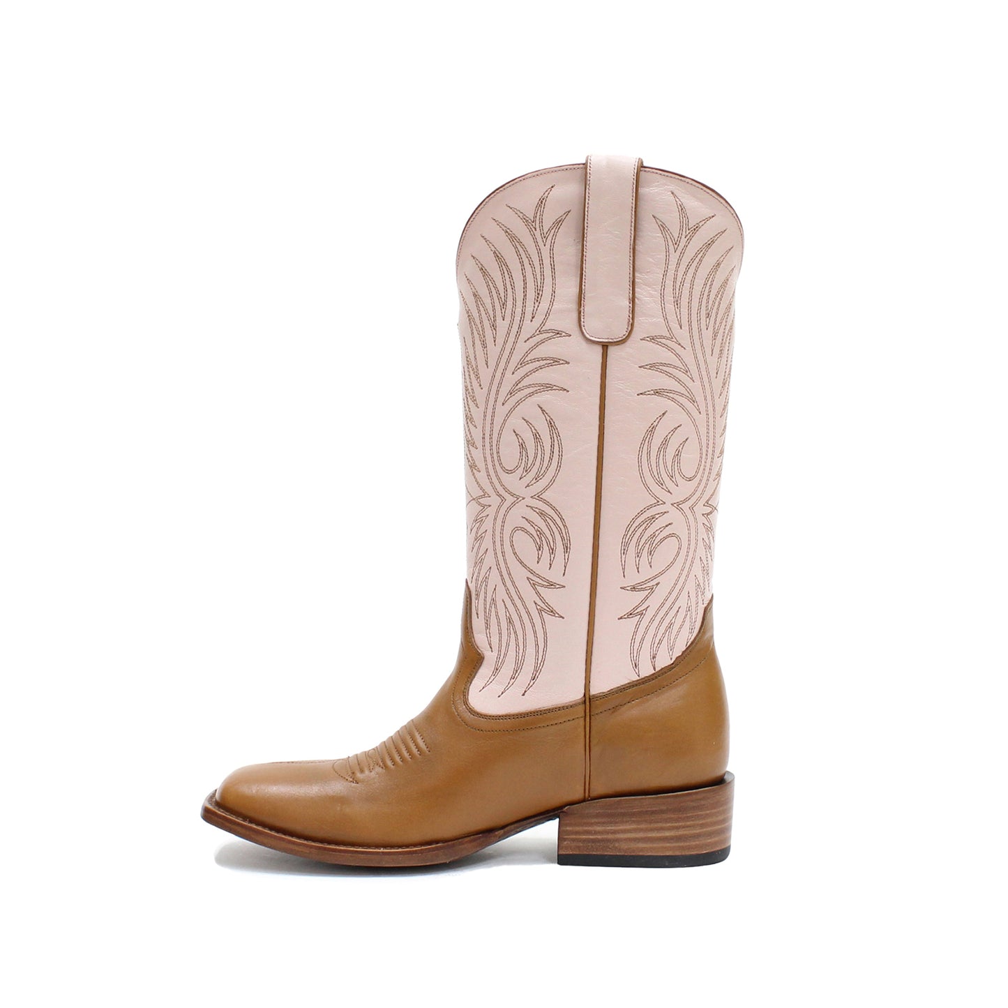 Contrast Ivory And Tan Square-Toe Embroidery Mid Calf Cowgirl Boots