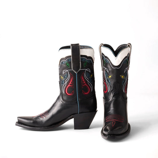 Contrast Black And White Snip-Toe Inlays Ankle Cowgirl Boots