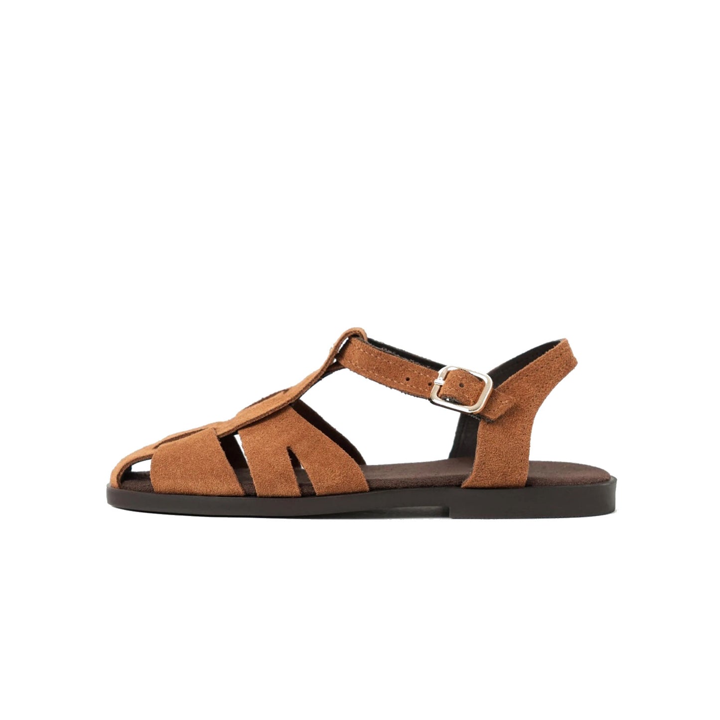 Brown Cow Suede Round-Toe Caged Detail Buckle Sandals Flats