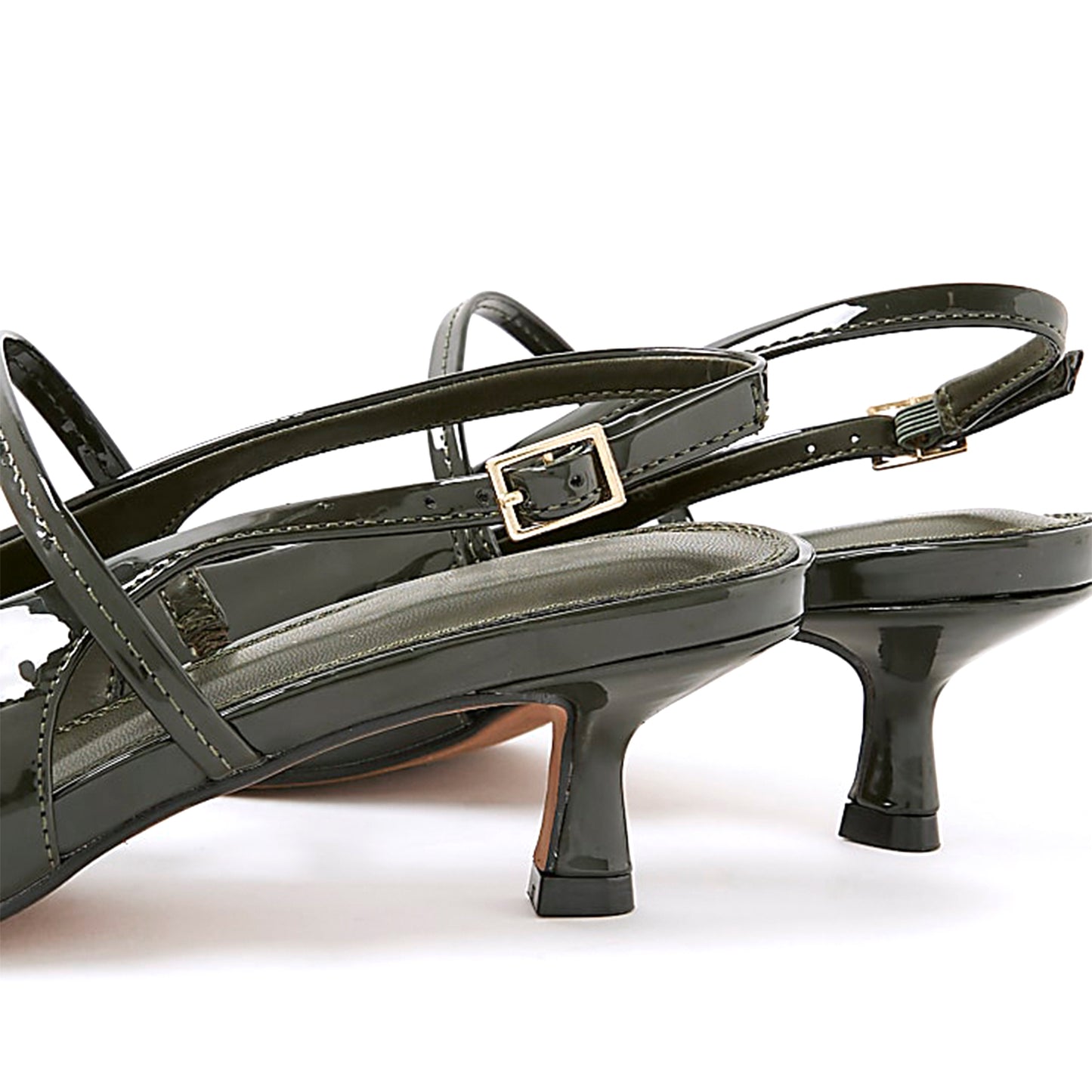 Patent Khaki Pointed-Toe Strappy Slingback Kitten Heels