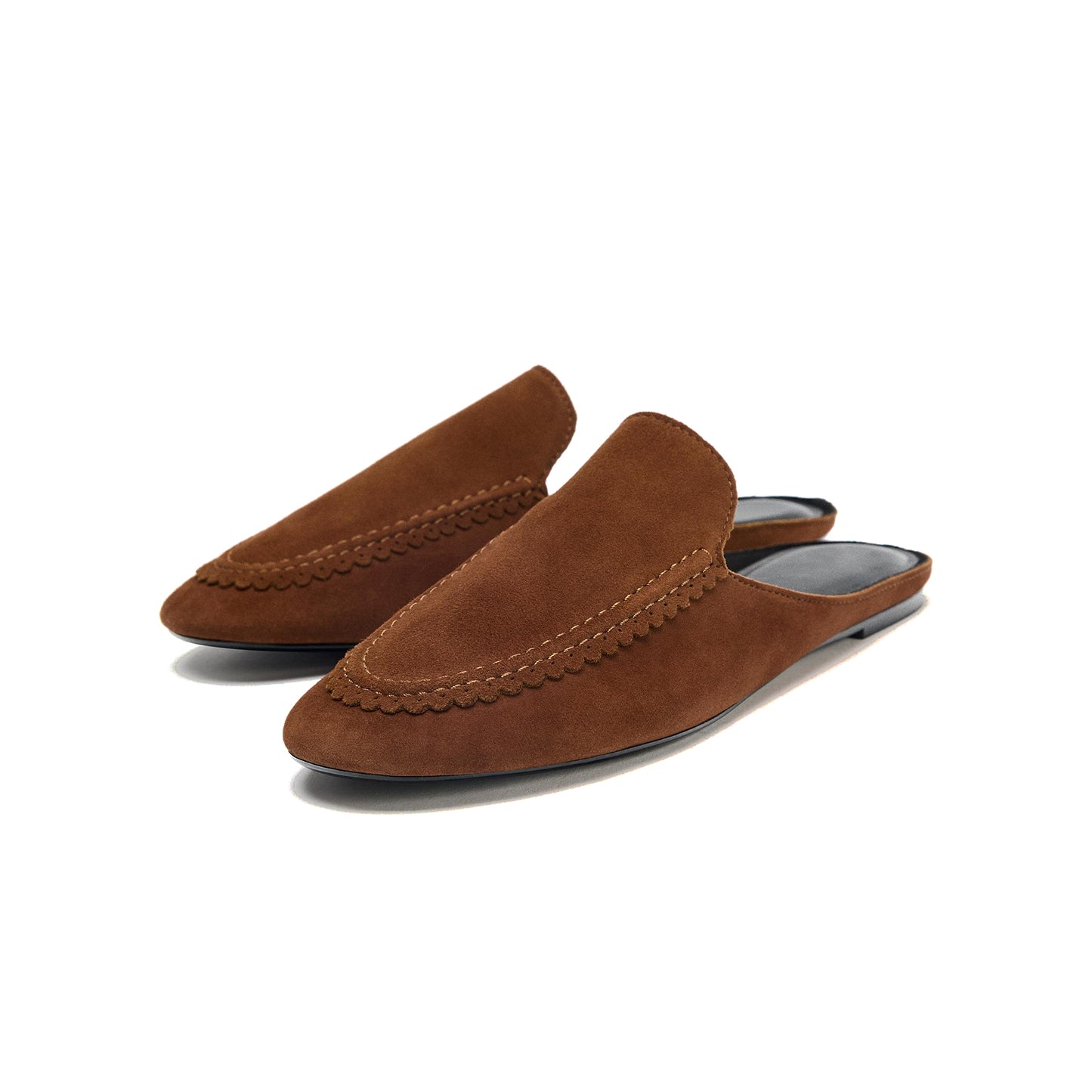 Brown Faux Suede Round-Toe Slip-On Backless Slippers Flats