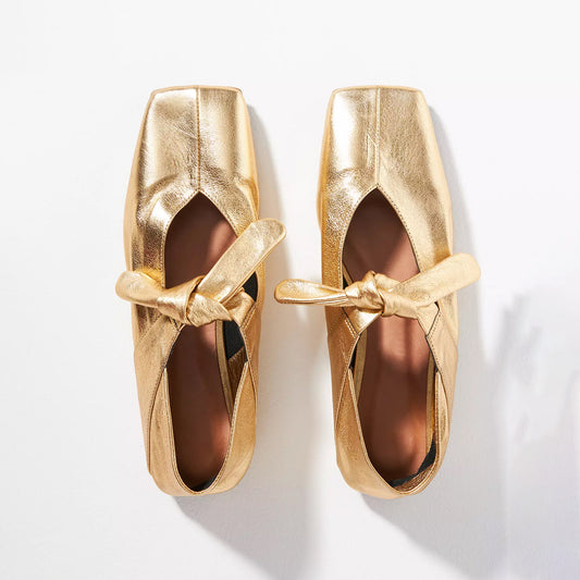 Metallic Gold Square-Toe Center Lace-Up Ballet Flats
