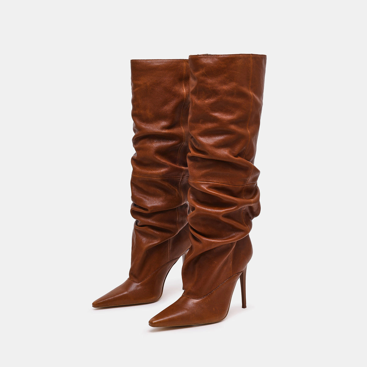 Brown Vegan Leather Pointed-Toe Simple Wide Calf Knee High Stiletto Boots