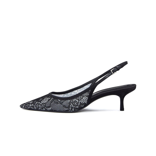 Black Lace Pointed-Toe Classic Kitten Heels With Slingback