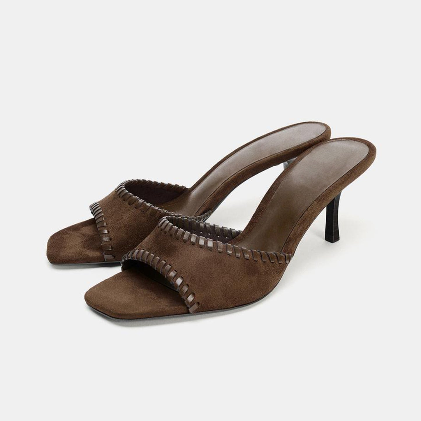 Brown Faux Suede Square-Toe Front Strap With Topstitch Backless High Heels