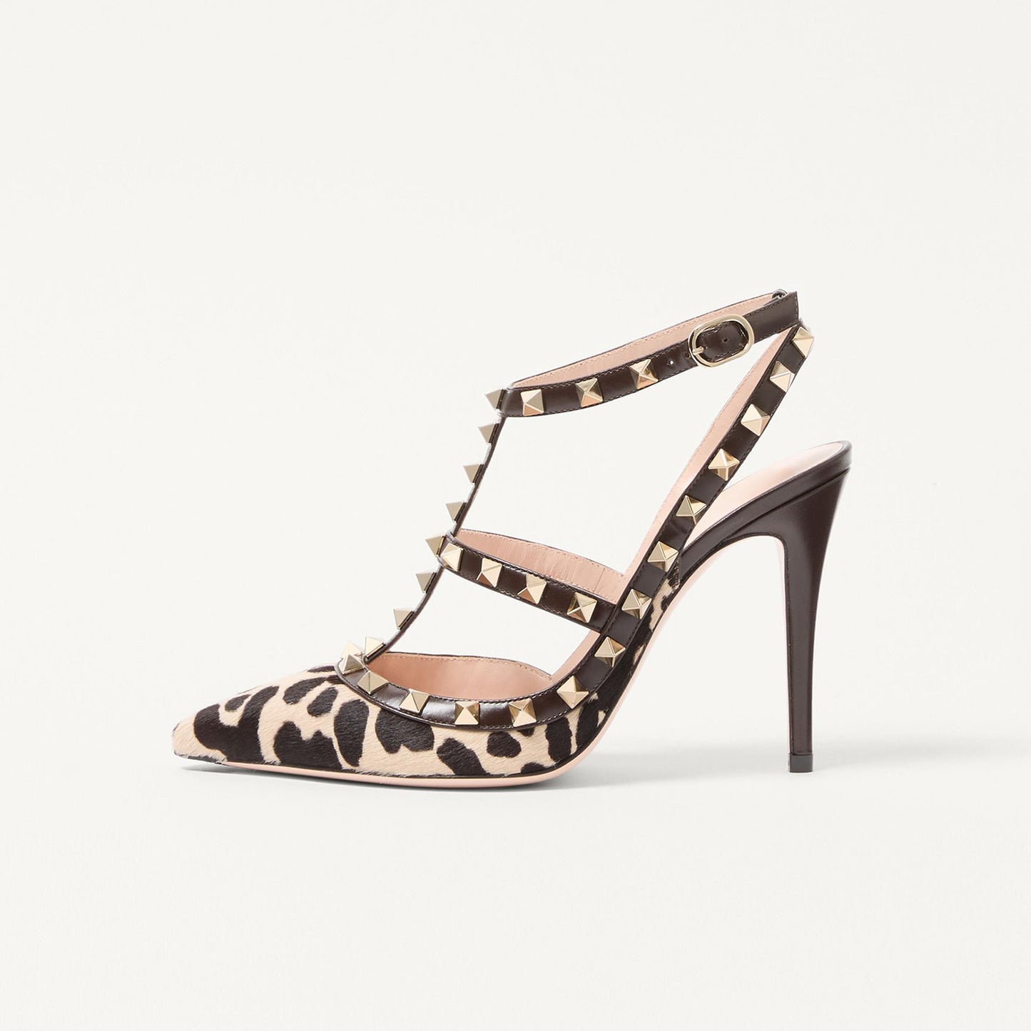 Cow Pointed-Toe Studded Strappy Slingback High Heels