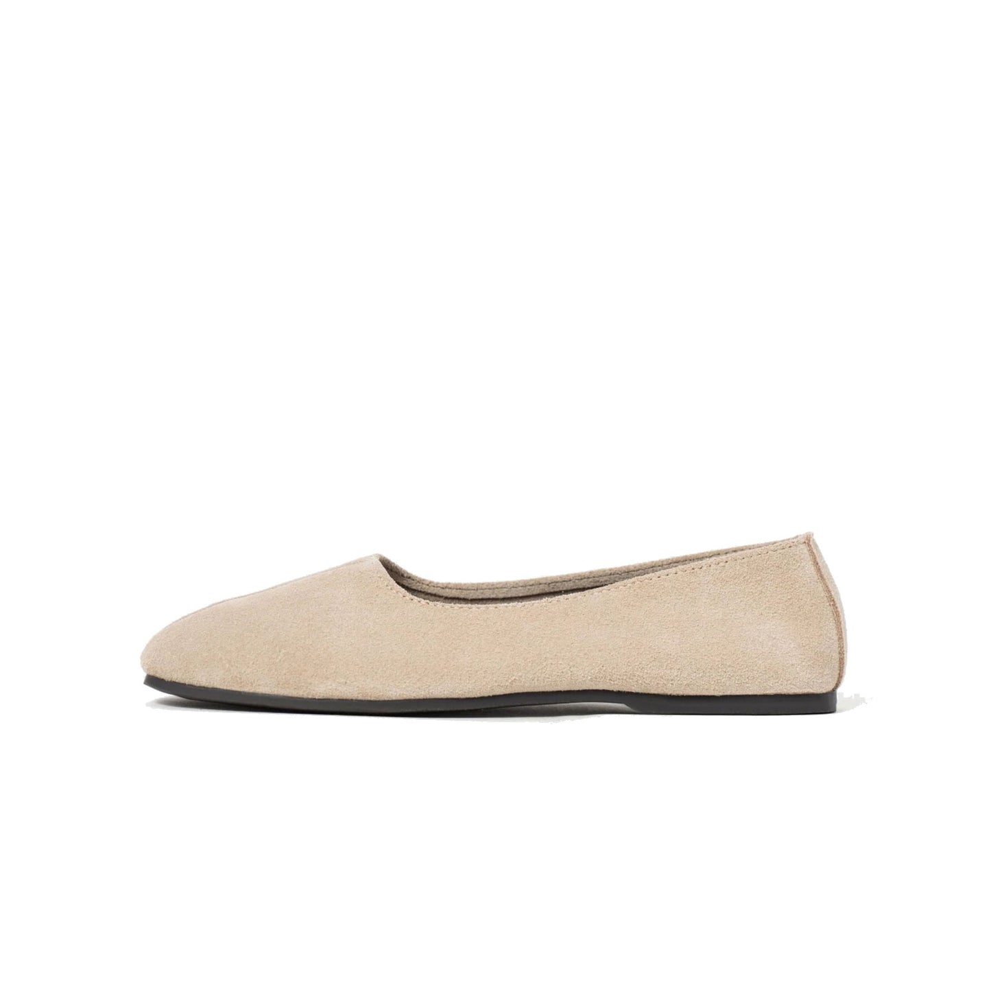 Beige Cow Suede Round-Toe Slip-On Classic Ballet Flats
