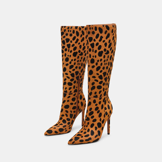Leopard Pattern Pointed-Toe Half-Zip Chic Knee High Stiletto Boots