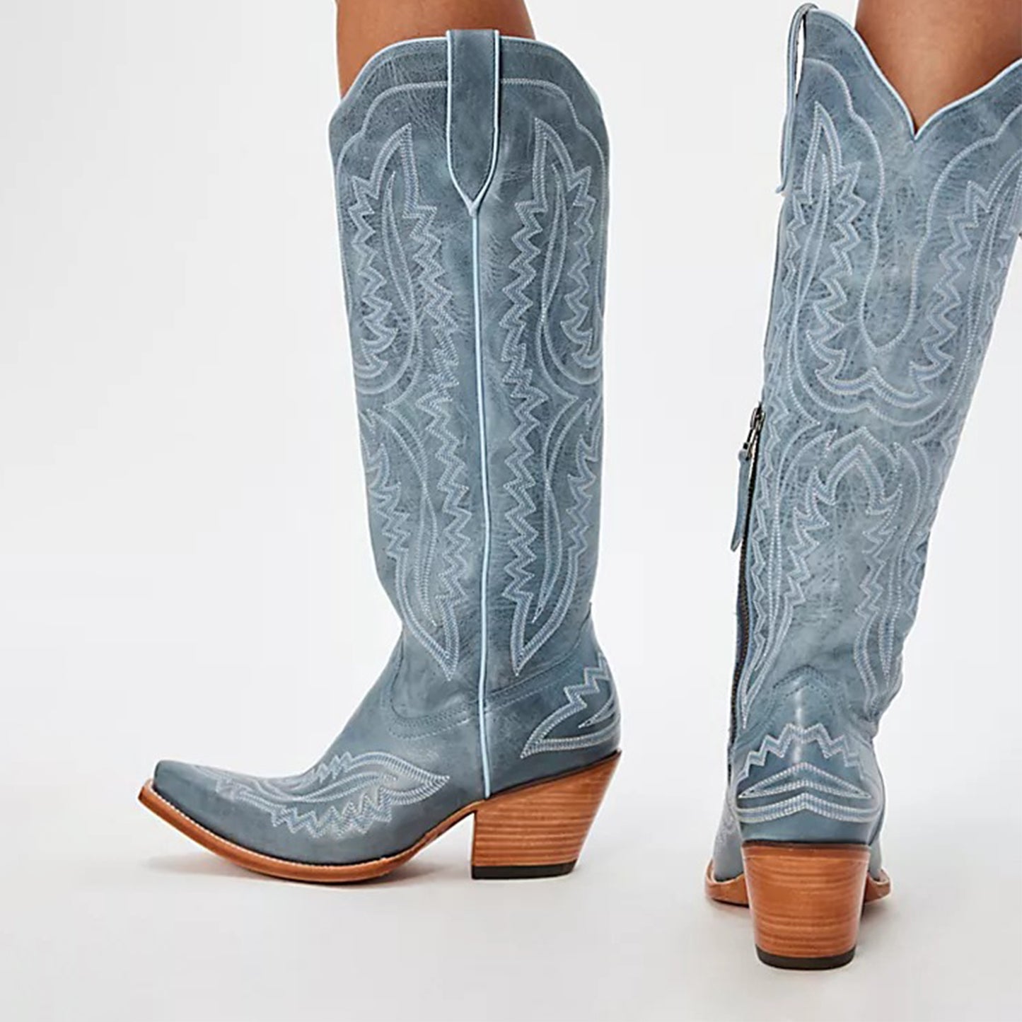 Distressed Blue Snip-Toe Embroidery Half-Zip Knee High Cowgirl Boots