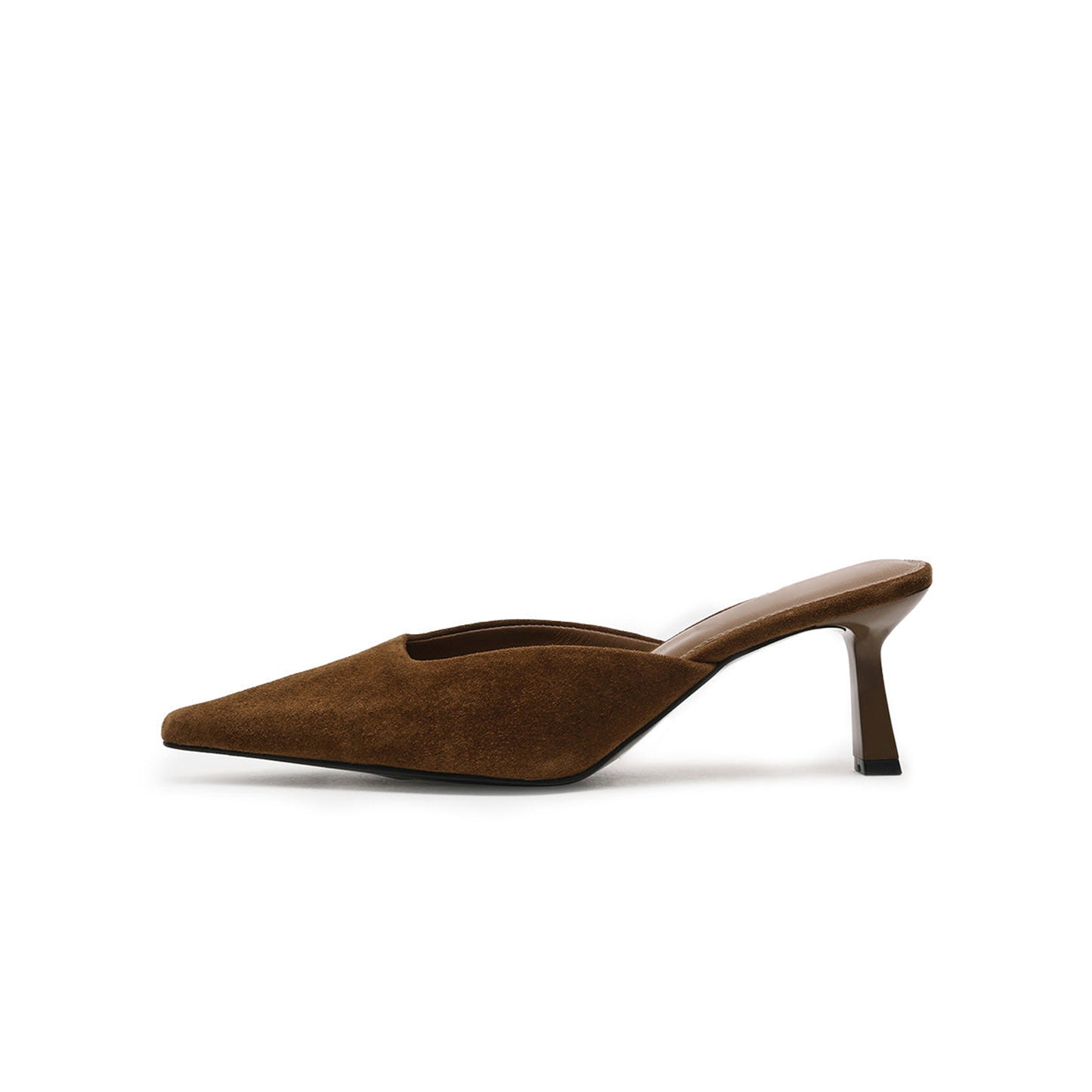 Brown Faux Suede Pointed-Toe Classic Slip-On Backless Kitten Heels