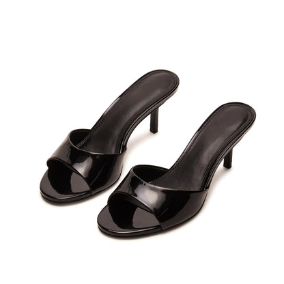Patent Black Round-Toe Slip-On Mule Kitten Heels