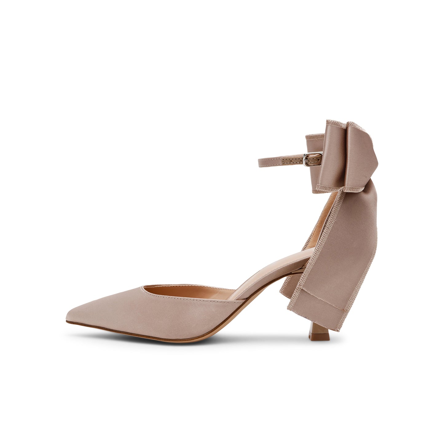 Taupe Satin Pointed-Toe Ankle Strap With Bow Pumps