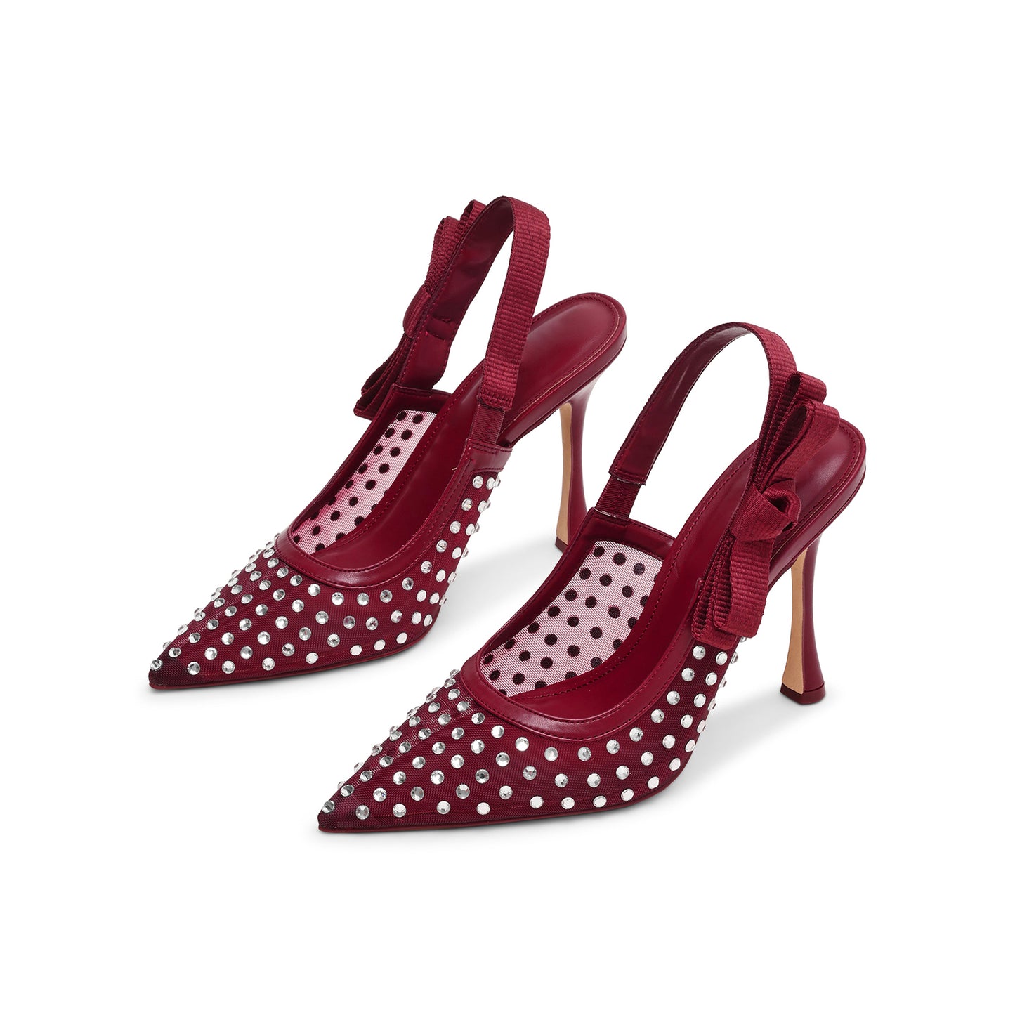 Red Mesh Rhinestones Pointed-Toe Slingback With Bow High Heels Pumps