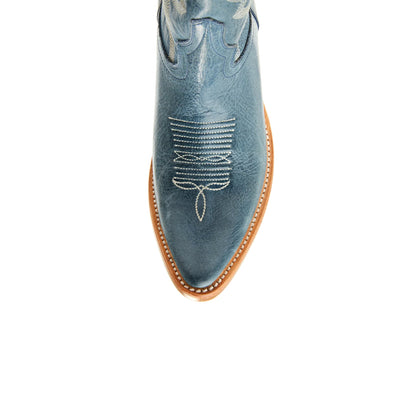 Distressed Navy Blue Almond-Toe Embroidery Ankle Cowgirl Boots