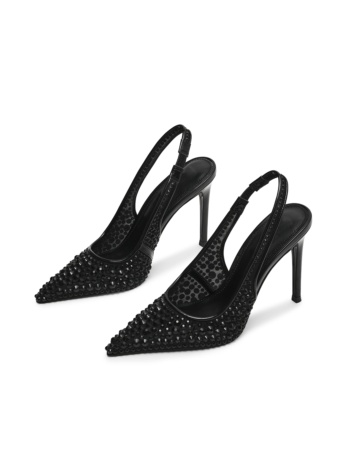 Black Mesh With Rhinestones Pointed-Toe Slingback High Heels Pumps