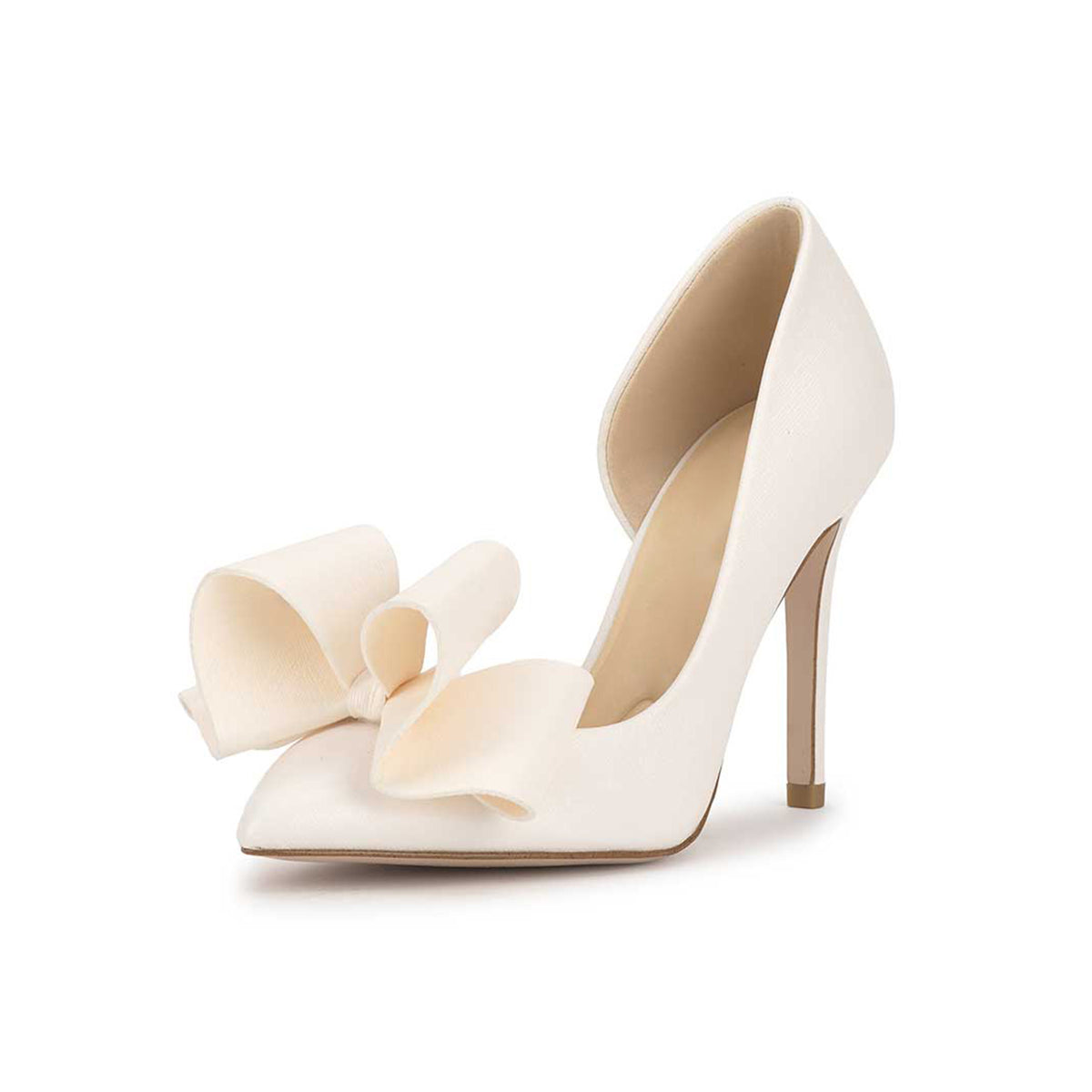 Ivory Pointed-Toe Front Big Bow Sleek Slip-On High Heels